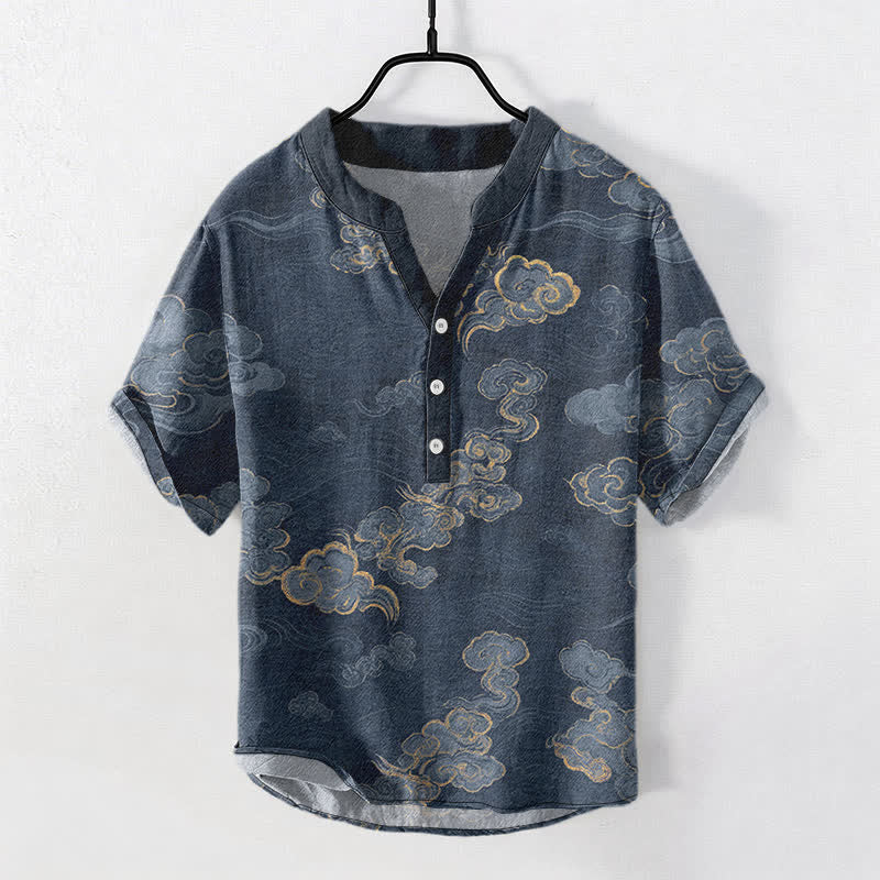 Buddha Stones Cotton Auspicious Cloud Pattern Men's Short Sleeve Half Button Shirt - Navy - US/UK/AU50，EU60 (5XL) - image 0