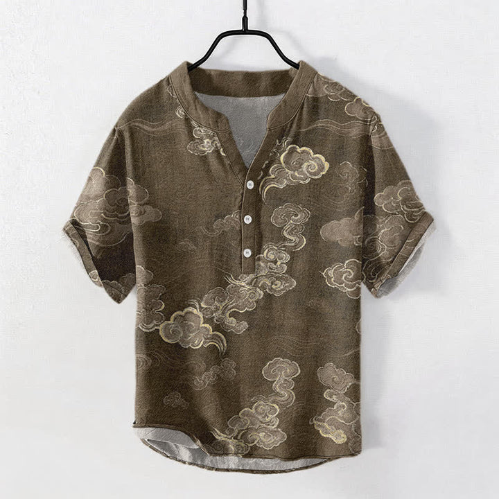 Buddha Stones Cotton Auspicious Cloud Pattern Men's Short Sleeve Half Button Shirt - SaddleBrown - US/UK/AU50，EU60 (5XL) - image 5