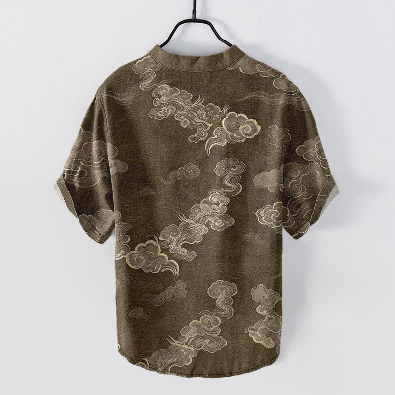 Buddha Stones Cotton Auspicious Cloud Pattern Men's Short Sleeve Half Button Shirt - image 6