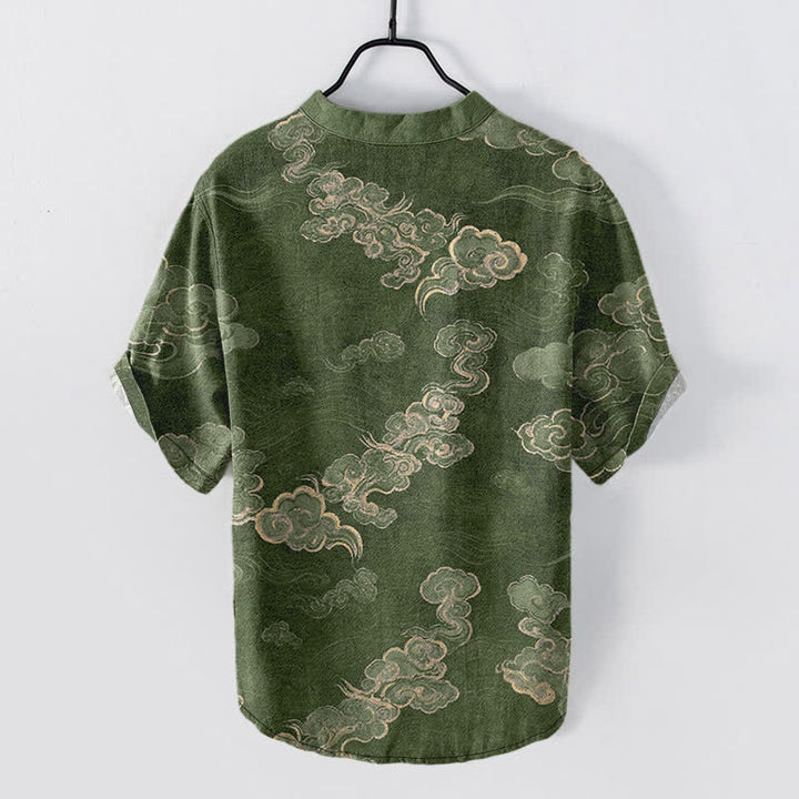Buddha Stones Cotton Auspicious Cloud Pattern Men's Short Sleeve Half Button Shirt - image 11