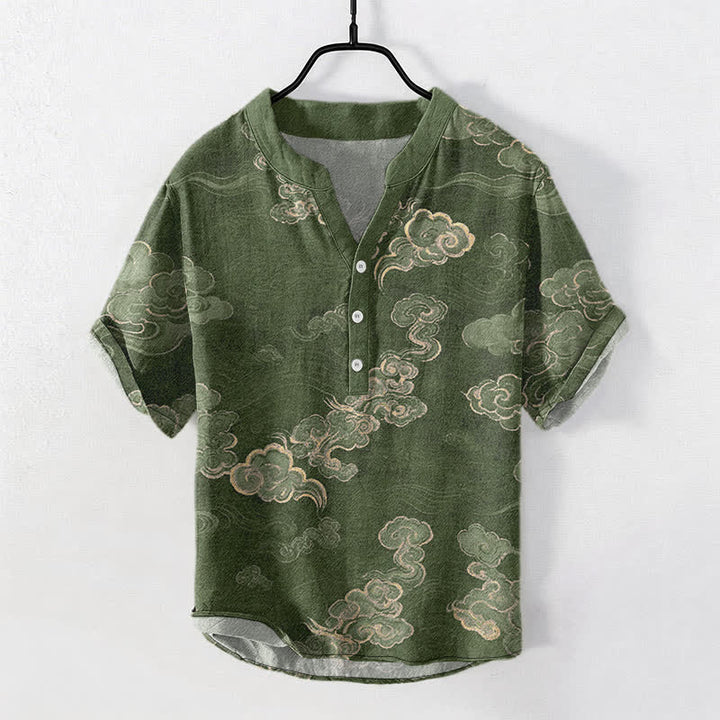 Buddha Stones Cotton Auspicious Cloud Pattern Men's Short Sleeve Half Button Shirt - OliveDrab - US/UK/AU50，EU60 (5XL) - image 7