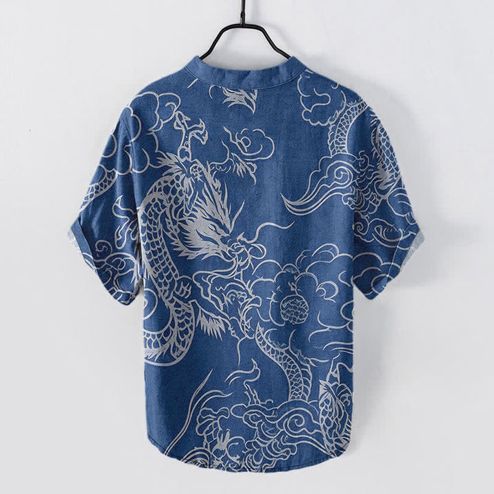Buddha Stones Cotton White Dragon Cloud Pattern Men's Short Sleeve Half Button Shirt - image 1