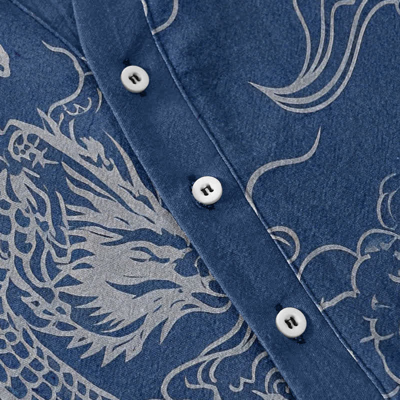 Buddha Stones Cotton White Dragon Cloud Pattern Men's Short Sleeve Half Button Shirt - image 3