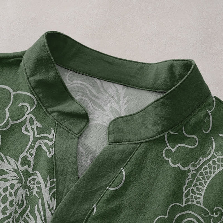 Buddha Stones Cotton White Dragon Cloud Pattern Men's Short Sleeve Half Button Shirt - image 7