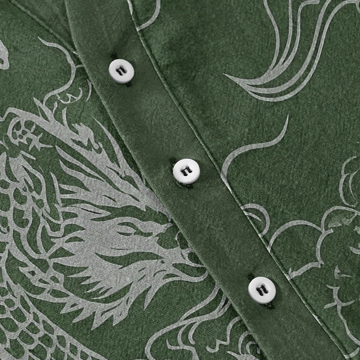 Buddha Stones Cotton White Dragon Cloud Pattern Men's Short Sleeve Half Button Shirt - image 8