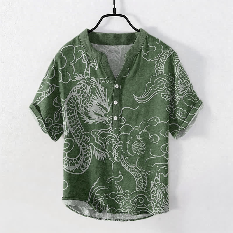 Buddha Stones Cotton White Dragon Cloud Pattern Men's Short Sleeve Half Button Shirt - ForestGreen - US/UK/AU50，EU60 (5XL) - image 5