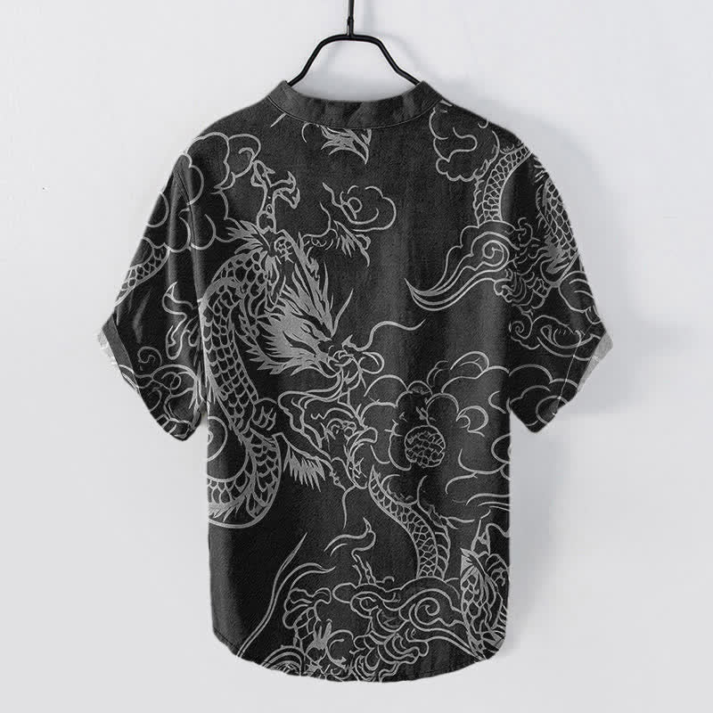 Buddha Stones Cotton White Dragon Cloud Pattern Men's Short Sleeve Half Button Shirt - image 11