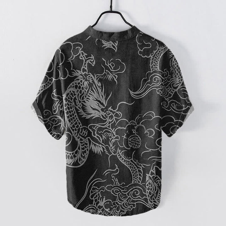 Buddha Stones Cotton White Dragon Cloud Pattern Men's Short Sleeve Half Button Shirt - image 8
