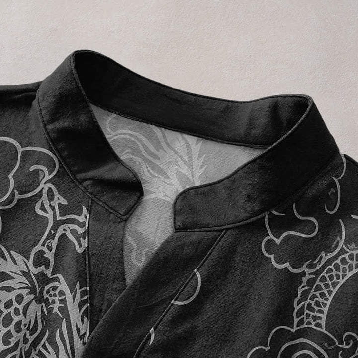 Buddha Stones Cotton White Dragon Cloud Pattern Men's Short Sleeve Half Button Shirt - image 12