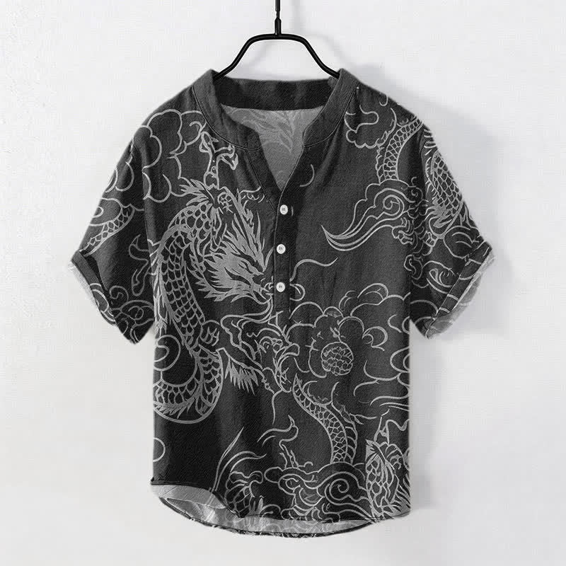 Buddha Stones Cotton White Dragon Cloud Pattern Men's Short Sleeve Half Button Shirt - Black - US/UK/AU50，EU60 (5XL) - image 7