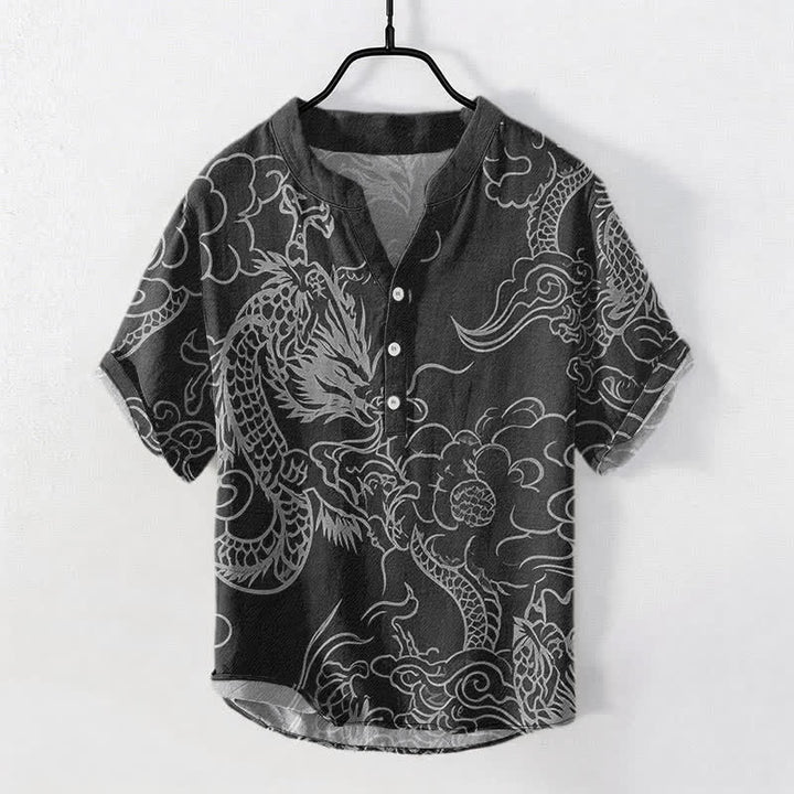 Buddha Stones Cotton White Dragon Cloud Pattern Men's Short Sleeve Half Button Shirt - Black - US/UK/AU50，EU60 (5XL) - image 10
