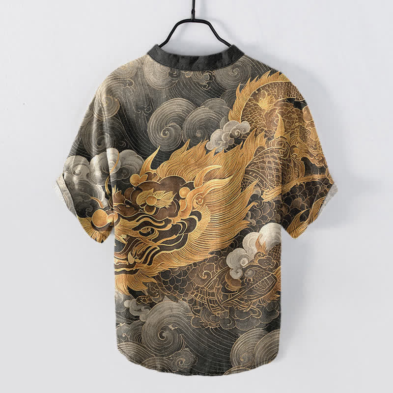 Buddha Stones Cotton Golden Dragon Pattern Men's Short Sleeve Half Button Shirt - image 1