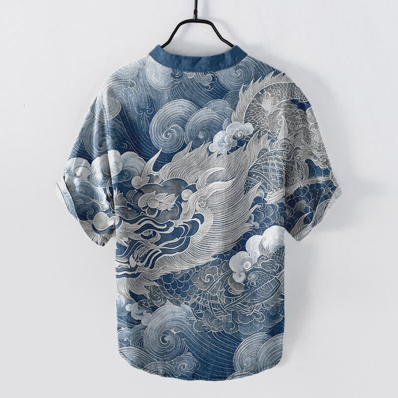 Buddha Stones Cotton Golden Dragon Pattern Men's Short Sleeve Half Button Shirt - image 8