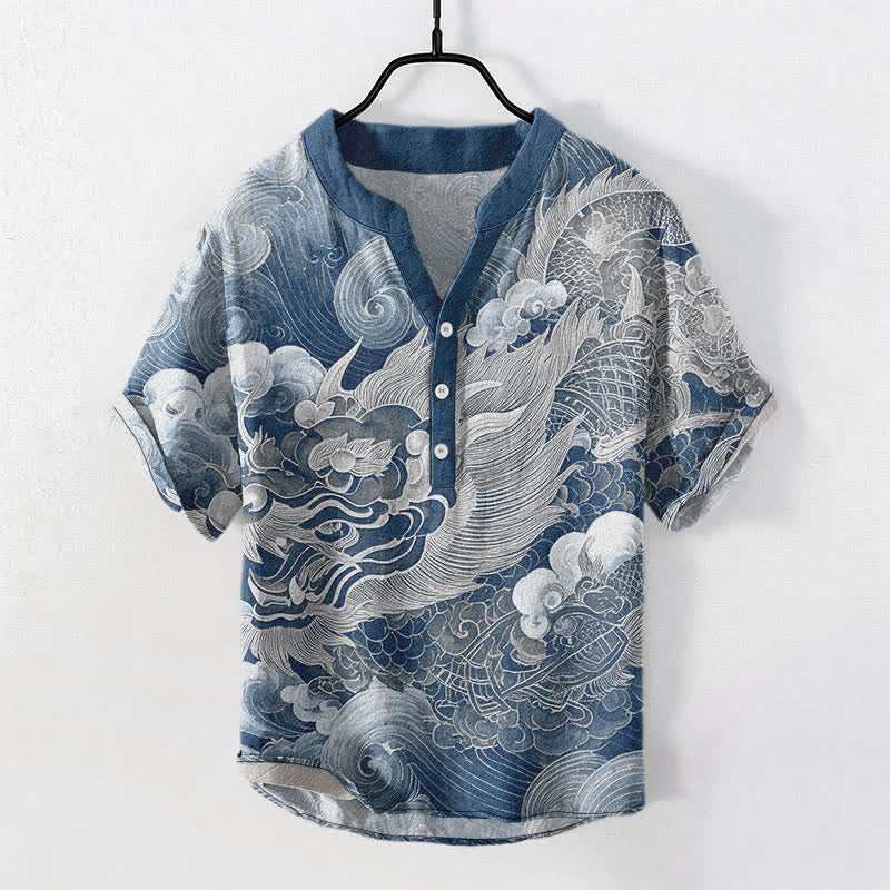 Buddha Stones Cotton Golden Dragon Pattern Men's Short Sleeve Half Button Shirt - SteelBlue - US/UK/AU50，EU60 (5XL) - image 7