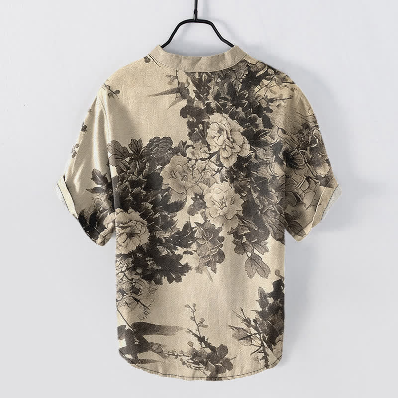 Buddha Stones Cotton Ink Floral Pattern Men's Short Sleeve Half Button Shirt - Beige - US/UK/AU50，EU60 (5XL) - image 0