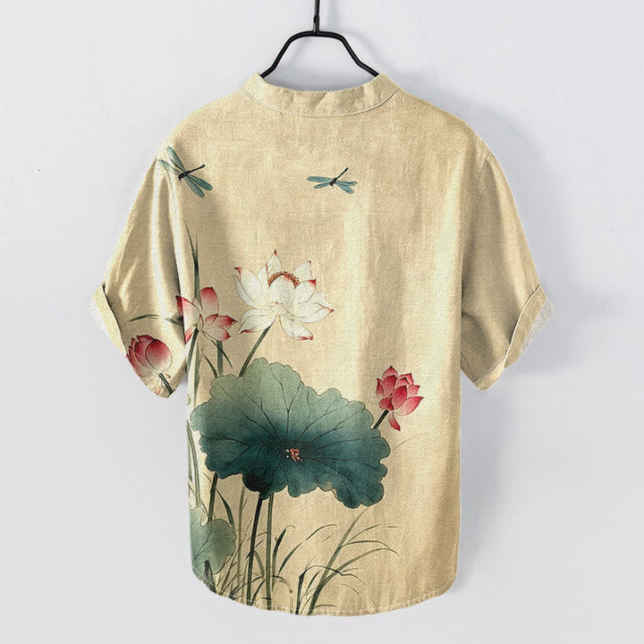 Buddha Stones Cotton Lotus Dragonfly Pattern Men's Short Sleeve Half Button Shirt - image 1