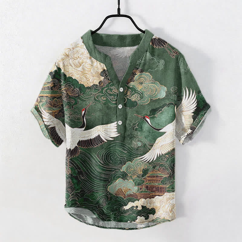 Buddha Stones Cotton Crane Cloud Pattern Men's Short Sleeve Half Button Shirt - ForestGreen - US/UK/AU50，EU60 (5XL) - image 0