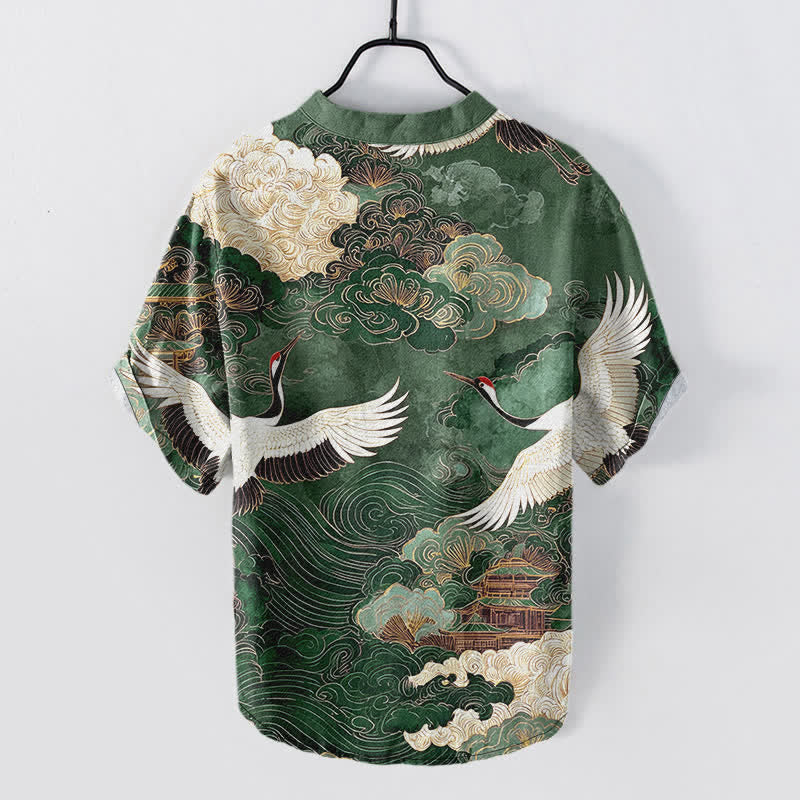 Buddha Stones Cotton Crane Cloud Pattern Men's Short Sleeve Half Button Shirt - image 1