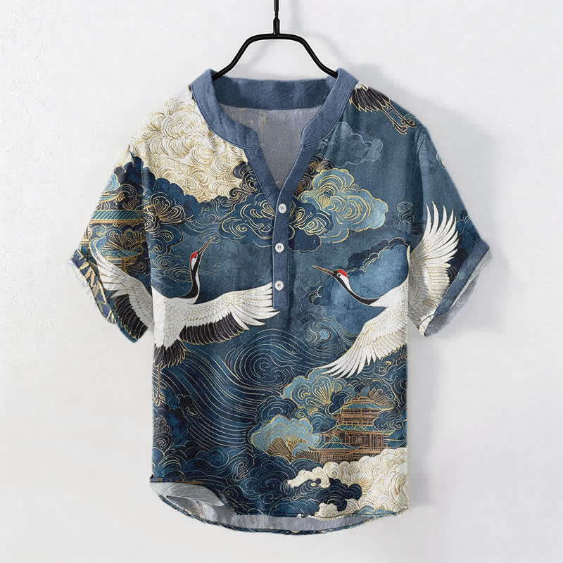Buddha Stones Cotton Crane Cloud Pattern Men's Short Sleeve Half Button Shirt - SteelBlue - US/UK/AU50，EU60 (5XL) - image 5