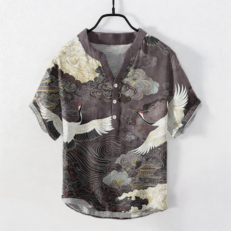 Buddha Stones Cotton Crane Cloud Pattern Men's Short Sleeve Half Button Shirt - SlateGray - US/UK/AU50，EU60 (5XL) - image 10