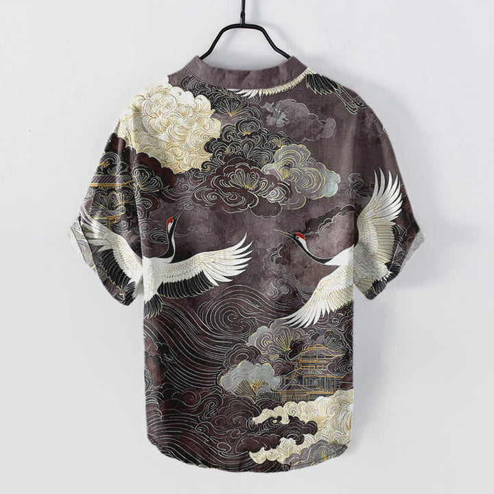Buddha Stones Cotton Crane Cloud Pattern Men's Short Sleeve Half Button Shirt - image 8