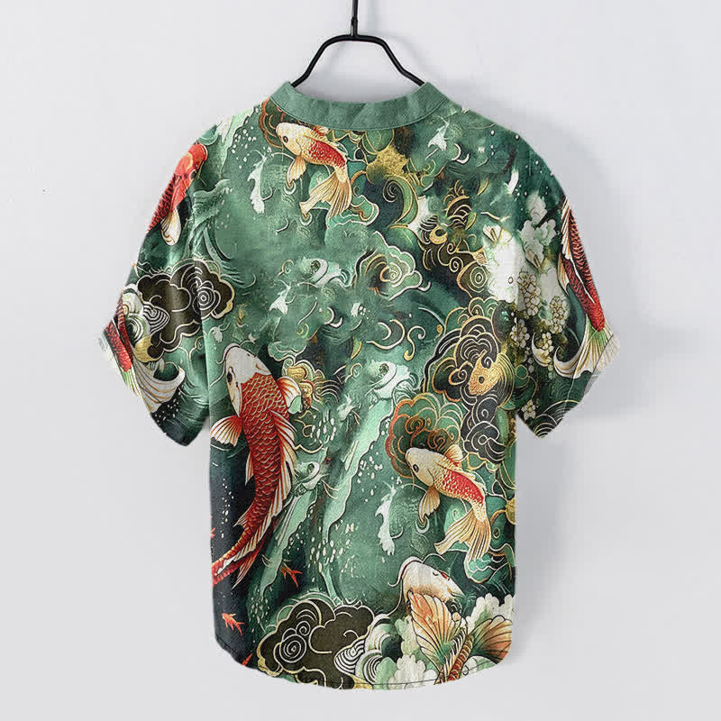 Buddha Stones Cotton Koi Fish Wave Pattern Men's Short Sleeve Half Button Shirt - image 1
