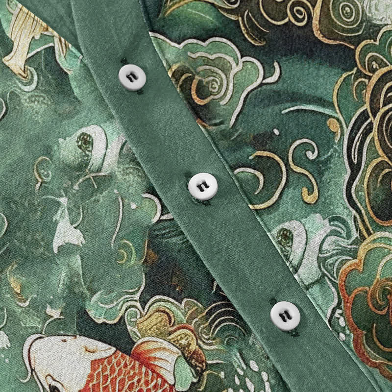 Buddha Stones Cotton Koi Fish Wave Pattern Men's Short Sleeve Half Button Shirt - image 3