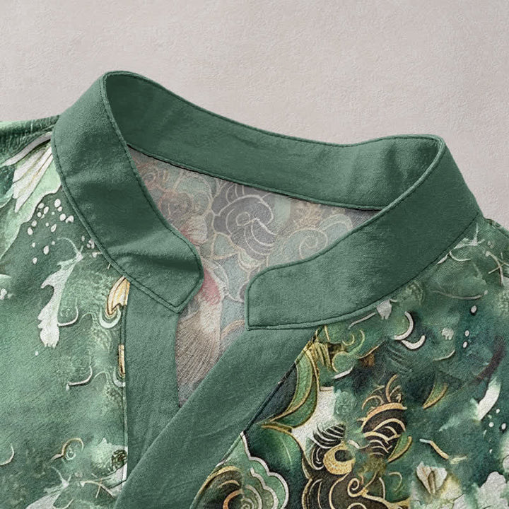 Buddha Stones Cotton Koi Fish Wave Pattern Men's Short Sleeve Half Button Shirt - image 2