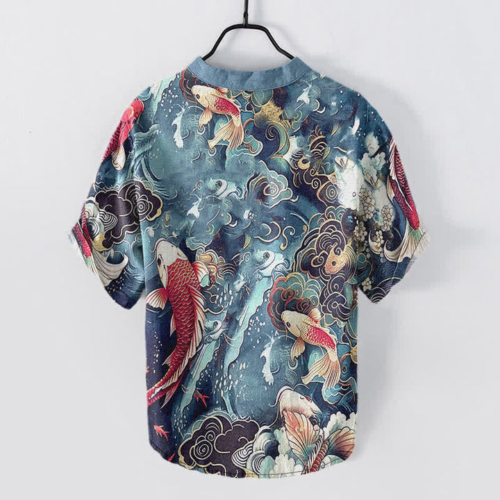 Buddha Stones Cotton Koi Fish Wave Pattern Men's Short Sleeve Half Button Shirt - image 6