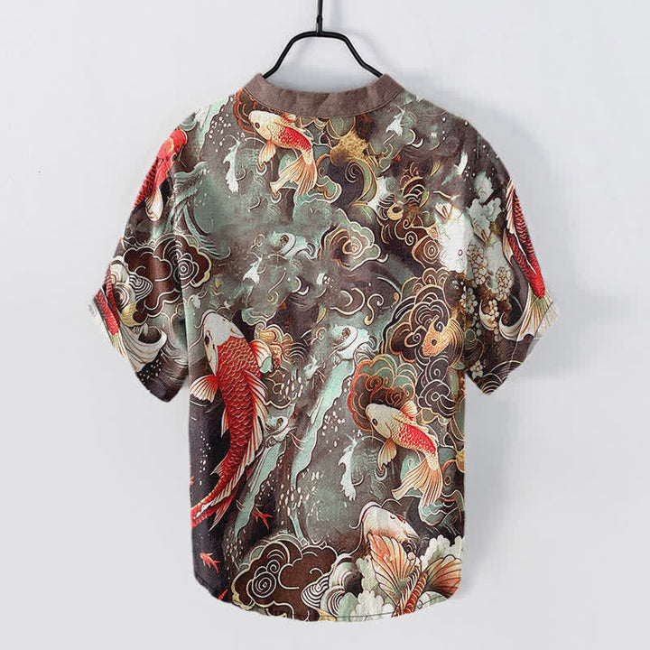 Buddha Stones Cotton Koi Fish Wave Pattern Men's Short Sleeve Half Button Shirt - image 8