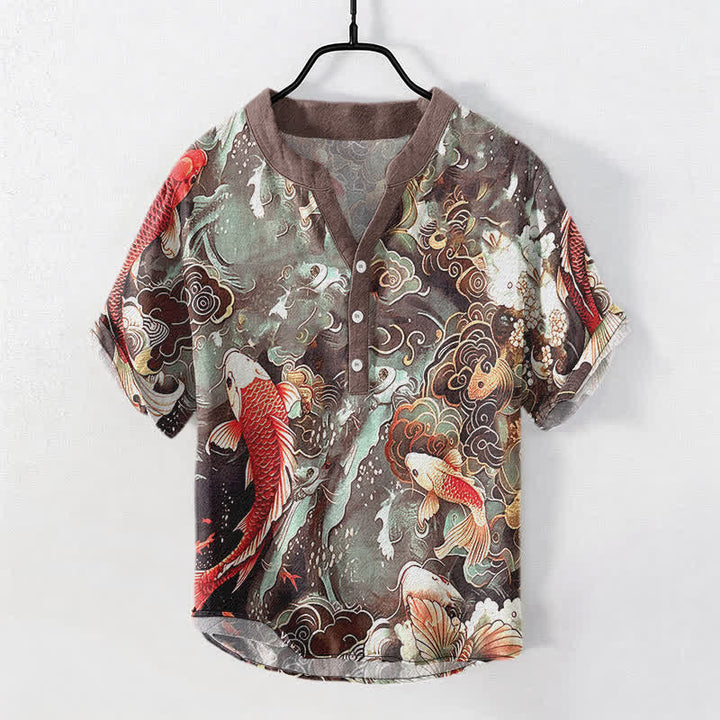 Buddha Stones Cotton Koi Fish Wave Pattern Men's Short Sleeve Half Button Shirt - Sienna - US/UK/AU50，EU60 (5XL) - image 7