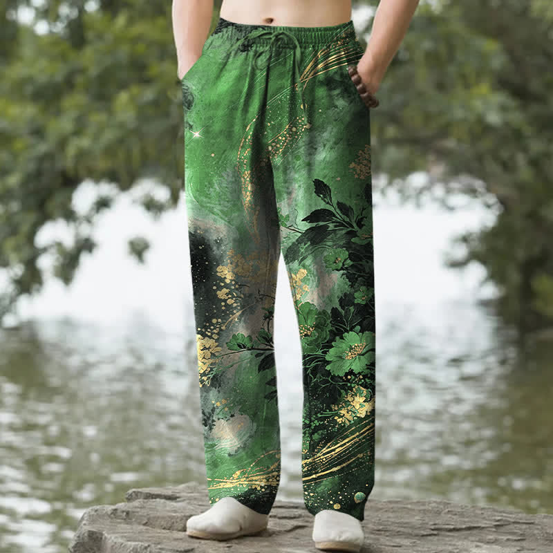 Buddha Stones Cotton Floral Starlight Pattern Men's Tapered Pants With Pockets - ForestGreen - US/UK/AU50，EU60 (5XL) - image 4