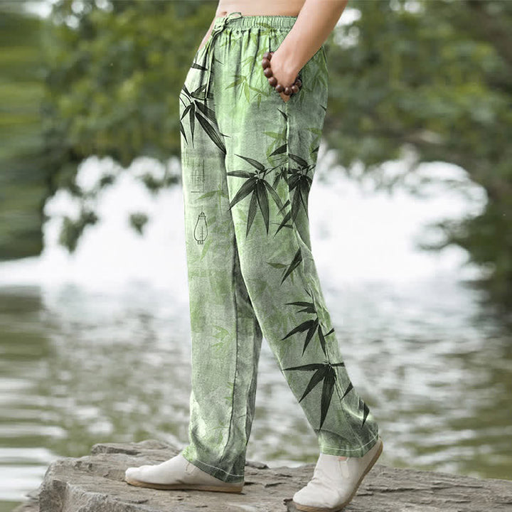Buddha Stones Cotton Ink Bamboo Leaf Pattern Men's Tapered Pants With Pockets - image 1