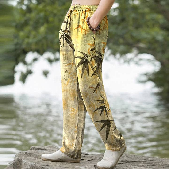 Buddha Stones Cotton Ink Bamboo Leaf Pattern Men's Tapered Pants With Pockets - image 5