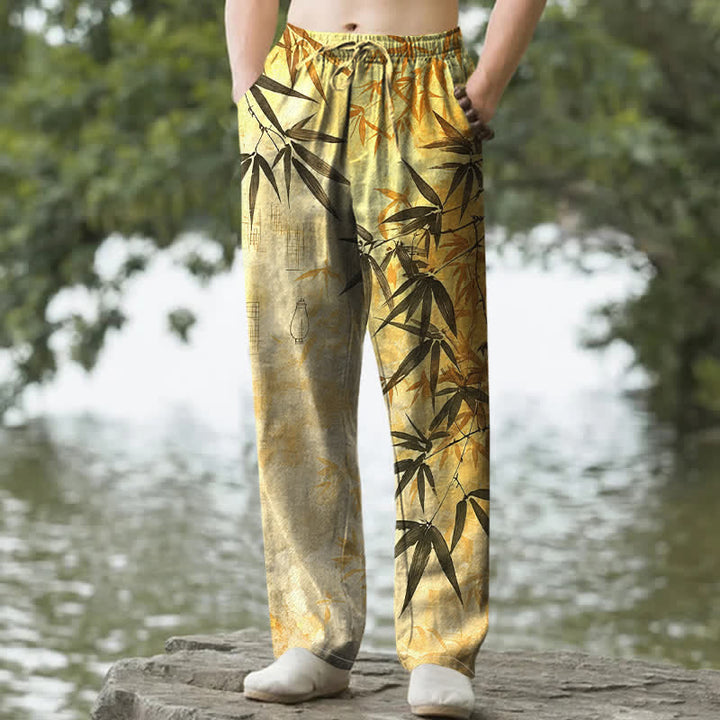 Buddha Stones Cotton Ink Bamboo Leaf Pattern Men's Tapered Pants With Pockets - Gold - US/UK/AU50，EU60 (5XL) - image 4