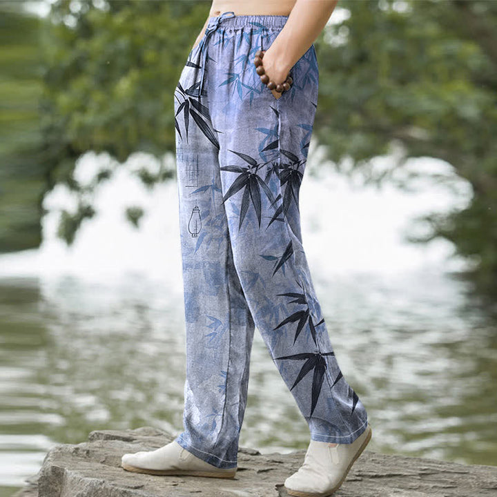 Buddha Stones Cotton Ink Bamboo Leaf Pattern Men's Tapered Pants With Pockets - image 9