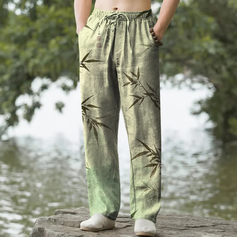 Buddha Stones Cotton Ink Bamboo Leaf Pattern Men's Tapered Pants With Pockets - DarkSeaGreen - US/UK/AU50，EU60 (5XL) - image 4