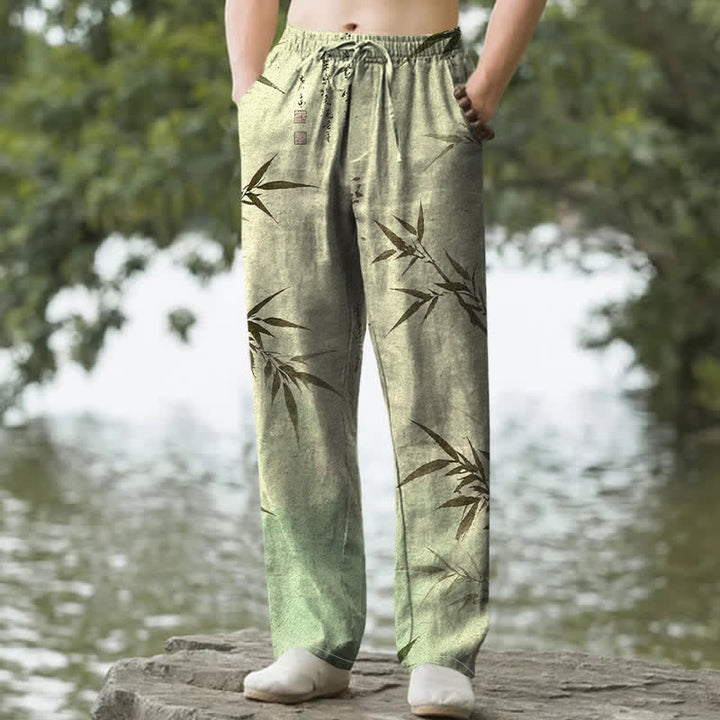 Buddha Stones Cotton Ink Bamboo Leaf Pattern Men's Tapered Pants With Pockets - DarkSeaGreen - US/UK/AU50，EU60 (5XL) - image 4