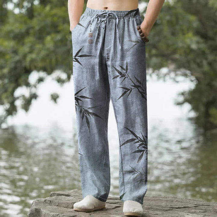 Buddha Stones Cotton Ink Bamboo Leaf Pattern Men's Tapered Pants With Pockets - PowderBlue - US/UK/AU50，EU60 (5XL) - image 8