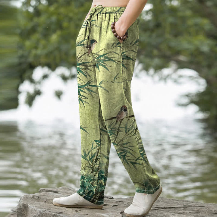 Buddha Stones Cotton Bamboo Bird Pattern Men's Tapered Pants With Pockets - image 1
