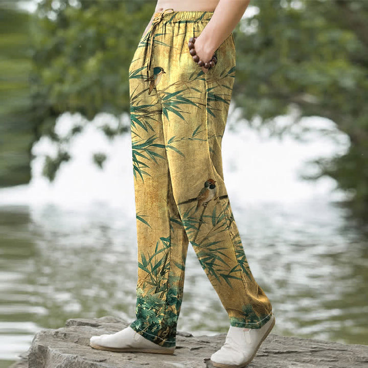 Buddha Stones Cotton Bamboo Bird Pattern Men's Tapered Pants With Pockets - image 5