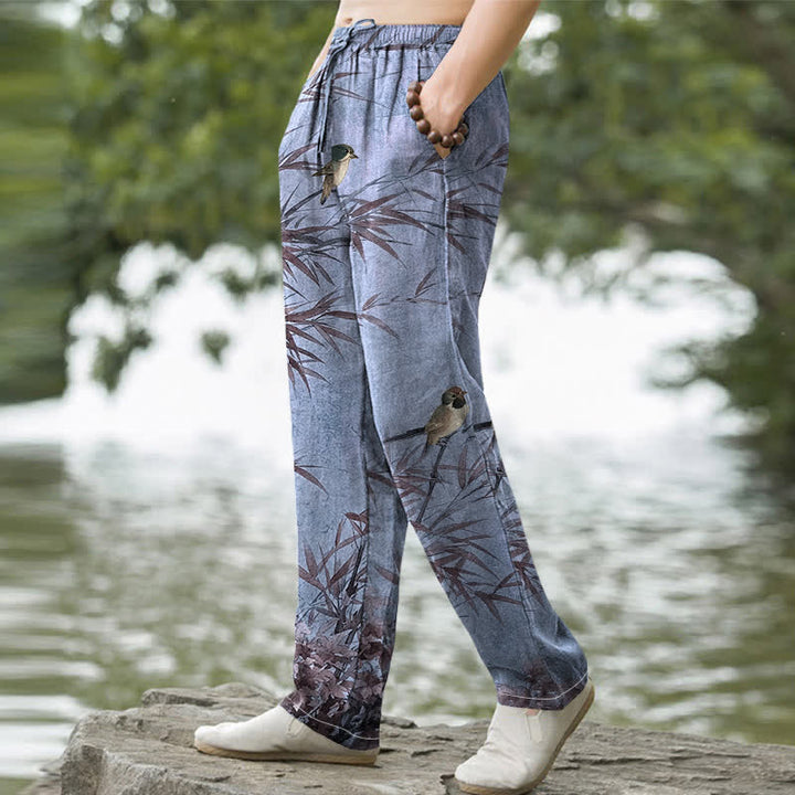 Buddha Stones Cotton Bamboo Bird Pattern Men's Tapered Pants With Pockets - image 9