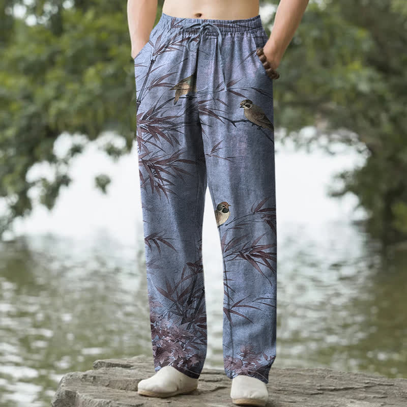Buddha Stones Cotton Bamboo Bird Pattern Men's Tapered Pants With Pockets - SlateGray - US/UK/AU50，EU60 (5XL) - image 8