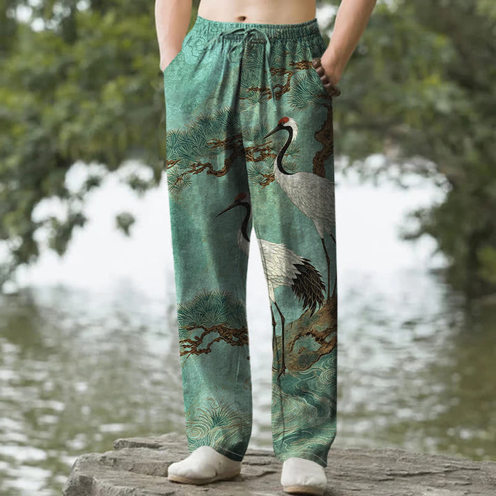Buddha Stones Cotton Crane Pine Pattern Men's Tapered Pants With Pockets - MediumAquamarine - US/UK/AU50，EU60 (5XL) - image 8