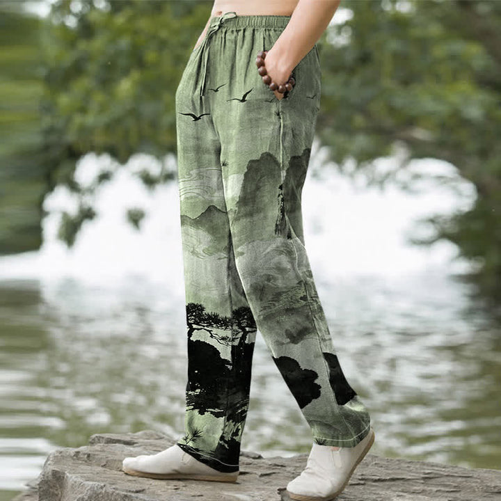 Buddha Stones Cotton Ink Landscape Pattern Men's Tapered Pants With Pockets - image 5