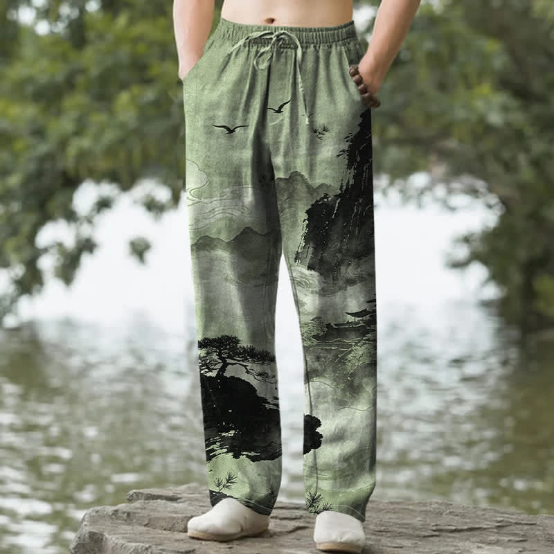 Buddha Stones Cotton Ink Landscape Pattern Men's Tapered Pants With Pockets - DarkSeaGreen - US/UK/AU50，EU60 (5XL) - image 4