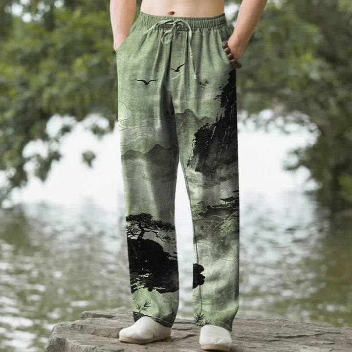 Buddha Stones Cotton Ink Landscape Pattern Men's Tapered Pants With Pockets - DarkSeaGreen - US/UK/AU50，EU60 (5XL) - image 4