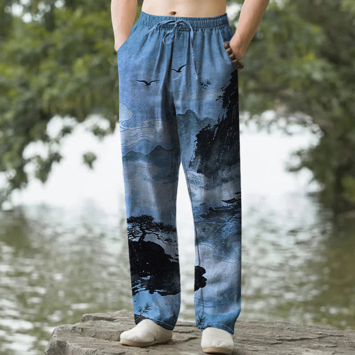 Buddha Stones Cotton Ink Landscape Pattern Men's Tapered Pants With Pockets - SteelBlue - US/UK/AU50，EU60 (5XL) - image 8