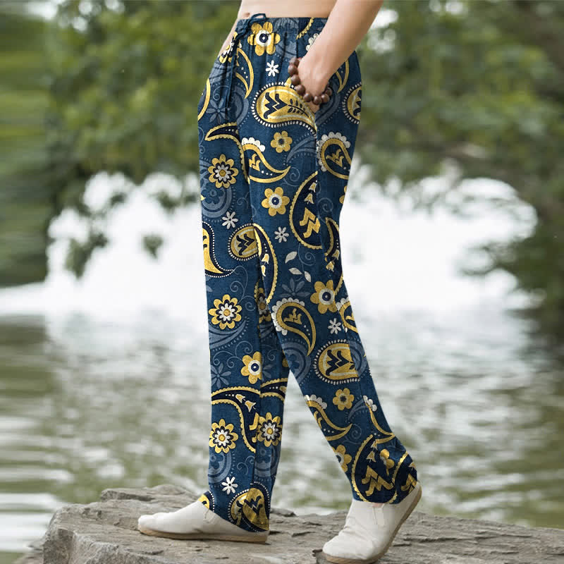 Buddha Stones Cotton Paisley Floral Pattern Men's Tapered Pants With Pockets - image 1