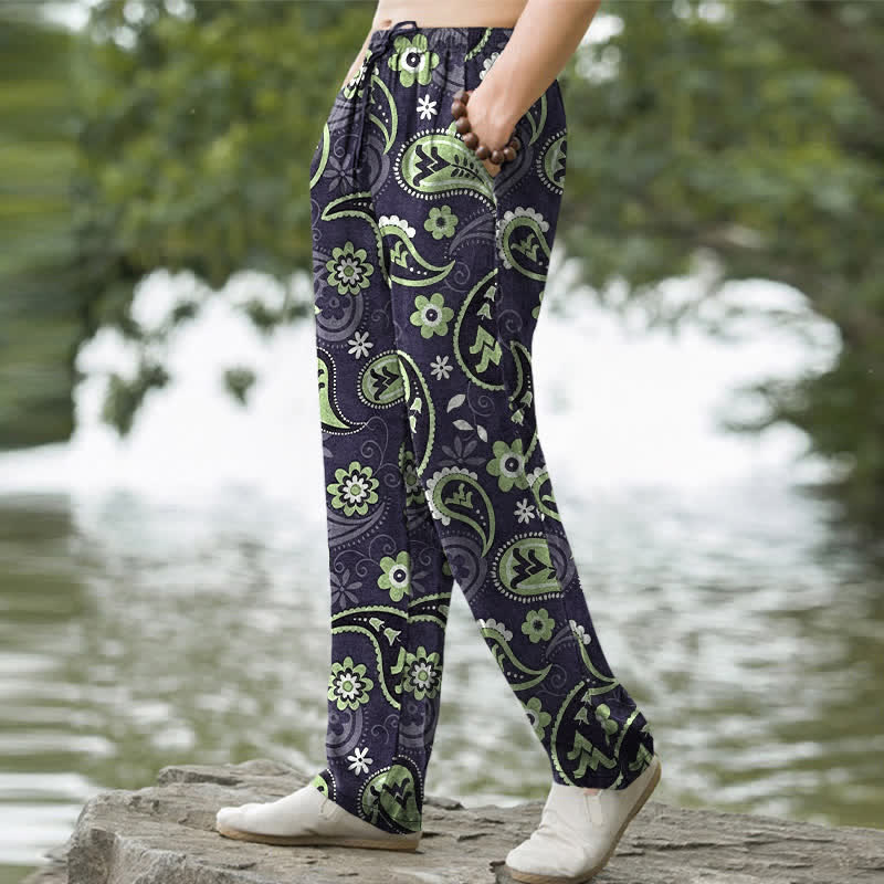 Buddha Stones Cotton Paisley Floral Pattern Men's Tapered Pants With Pockets - image 9